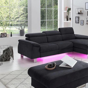 Ecksofa COTTA Komaris L-Form Sofas Gr. B/H/T: 244cm x 72cm x 166cm, Microfaser PRIMABELLE, Recamiere rechts, ohne Bettfunktion-ohne Bettkasten-mit RGB-LED-Beleuchtung, grau (lava) mit Kopfteilverstellung, wahlweise Bettfunktion,Stauraum & Beleuchtung