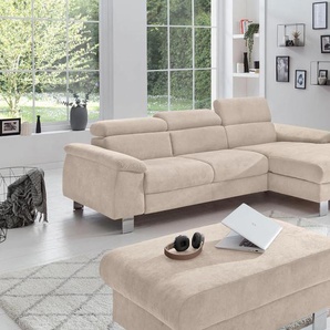 Ecksofa COTTA Komaris L-Form Sofas Gr. B/H/T: 244cm x 72cm x 166cm, Microfaser PRIMABELLE, Recamiere rechts, ohne Bettfunktion-ohne Bettkasten-ohne RGB-LED-Beleuchtung, beige mit Kopfteilverstellung, wahlweise Bettfunktion,Stauraum & Beleuchtung