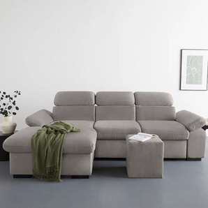 Ecksofa COTTA Lola L-Form Sofas Gr. B/H/T: 250cm x 73cm x 165cm, Microfaser PRIMABELLE, Recamiere links, Ohne Bettfunktion-Ohne Bettkasten-Mit Armteilverstellung, grau (dark grey) mit Hocker & Kopfteilfunktion, wahlw. Bett- und Armteilfunktion