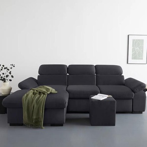 Ecksofa COTTA Lola L-Form Sofas Gr. B/H/T: 250cm x 73cm x 165cm, Microfaser PRIMABELLE, Recamiere links, Ohne Bettfunktion-Ohne Bettkasten-Mit Armteilverstellung, grau (lava) mit Hocker & Kopfteilfunktion, wahlw. Bett- und Armteilfunktion