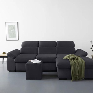 Ecksofa COTTA Lola L-Form Sofas Gr. B/H/T: 250cm x 73cm x 165cm, Microfaser PRIMABELLE, Recamiere rechts, Ohne Bettfunktion-Ohne Bettkasten-Mit Armteilverstellung, grau (lava) mit Hocker & Kopfteilfunktion, wahlw. Bett- und Armteilfunktion