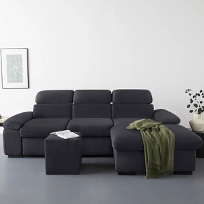 Ecksofa COTTA Lola L-Form Sofas Gr. B/H/T: 250cm x 73cm x 165cm, Microfaser PRIMABELLE, Recamiere rechts, Ohne Bettfunktion-Ohne Bettkasten-Ohne Armteilverstellung, grau (lava) mit Hocker & Kopfteilfunktion, wahlw. Bett- und Armteilfunktion