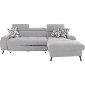 Ecksofa COTTA Mia L-Form Sofas Gr. B/H/T: 236cm x 74cm x 164cm, Microfaser, Recamiere rechts, Ohne Bettfunktion-ohne Bettkasten-ohne RGB-LED-Beleuchtung-ohne Wireless Charger, grau (stone) 3-tlg.-Kissen-Set, Recamiere, wahlweise mit oder ohne