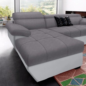 Ecksofa COTTA Speedway L-Form Sofas Gr. B/H/T: 265cm x 79cm x 102cm, Kunstleder SOFTLUX-Luxus-Microfaser, Recamiere links, ohne Bettfunktion-ohne Bettkasten-mit Kopfteilverstellung, grau (grau/grau) inklusive Kopfteilverstellung, wahlweise mit