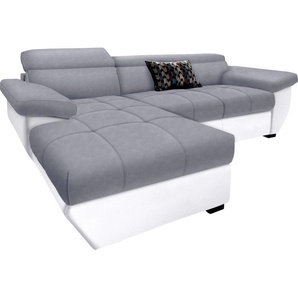 Ecksofa COTTA Speedway L-Form Sofas Gr. B/H/T: 265cm x 79cm x 102cm, Kunstleder SOFTLUX-Luxus-Microfaser, Recamiere links, ohne Bettfunktion-ohne Bettkasten-mit Kopfteilverstellung, grau (weiß/grau) inklusive Kopfteilverstellung, wahlweise mit