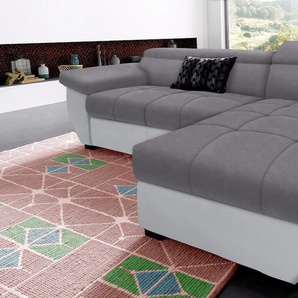 Ecksofa COTTA Speedway L-Form Sofas Gr. B/H/T: 265cm x 79cm x 102cm, Kunstleder SOFTLUX-Luxus-Microfaser, Recamiere rechts, ohne Bettfunktion-ohne Bettkasten-mit Kopfteilverstellung, grau (grau/grau) inklusive Kopfteilverstellung, wahlweise mit