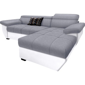 Ecksofa COTTA Speedway L-Form Sofas Gr. B/H/T: 265cm x 79cm x 102cm, Kunstleder SOFTLUX-Luxus-Microfaser, Recamiere rechts, ohne Bettfunktion-ohne Bettkasten-mit Kopfteilverstellung, grau (weiß/grau) inklusive Kopfteilverstellung, wahlweise mit