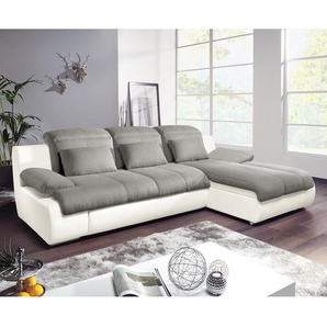 Ecksofa Kunstleder / Flachgewebe Grau/Weiß/Grau Flachgewebe 260 x 83 x 184cm Longchair davorstehend rechts Modern