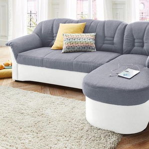 Ecksofa DOMO COLLECTION Elva L-Form Sofas Gr. B/H/T: 240cm x 84cm x 82cm, Kunstleder SOFTLUX-Struktur, Recamiere rechts, ohne Federkern-ohne Bettfunktion, weiß (weiß/silber) wahlweise mit Bettfunktion und Federkern