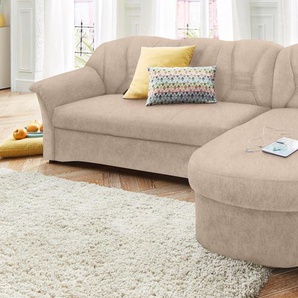 Ecksofa DOMO COLLECTION Elva L-Form Sofas Gr. B/H/T: 240cm x 84cm x 82cm, Microfaser PRIMABELLE, Recamiere rechts, ohne Federkern-ohne Bettfunktion, beige (natur) wahlweise mit Bettfunktion und Federkern