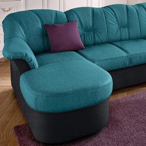 Ecksofa DOMO COLLECTION Flores Schlafsofa, B/T/H: 233/142/86 cm, L-Form Sofas Gr. B/H/T: 231cm x 84cm x 142cm, Microfaser PRIMABELLE-Struktur, Recamiere links, mit Bettfunktion-ohne Federkern, schwarz (schwarz/petrol) wahlweise mit Bettfunktion,