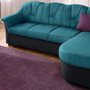 Ecksofa DOMO COLLECTION Flores Schlafsofa, B/T/H: 233/142/86 cm, L-Form Sofas Gr. B/H/T: 231cm x 84cm x 142cm, Microfaser PRIMABELLE-Struktur, Recamiere rechts, ohne Funktion-ohne Federkern, schwarz (schwarz/petrol) wahlweise mit Bettfunktion, Federkern,