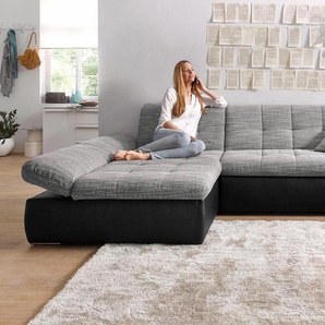 Ecksofa DOMO COLLECTION Moric B/T/H 300/172/80 cm, auch in Cord, L-Form Sofas Gr. B/H/T: 300cm x 80cm x 172cm, Microfaser PRIMABELLE-Struktur, Recamiere links, mit Bettfunktion-mit Armlehnenverstellung, grau (schwarz/weiß-grau) XXL-Format, wahlweise auch