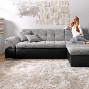 Ecksofa DOMO COLLECTION Moric B/T/H 300/172/80 cm, auch in Cord, L-Form Sofas Gr. B/H/T: 300cm x 80cm x 172cm, Microfaser PRIMABELLE-Struktur, Recamiere rechts, mit Bettfunktion-mit Armlehnenverstellung, grau (schwarz/weiß-grau) XXL-Format, wahlweise auch