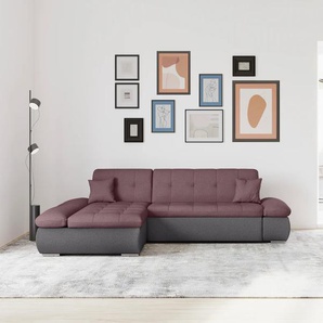 Ecksofa DOMO COLLECTION Moric B/T/H 300/172/80 cm, auch in Cord, L-Form Sofas Gr. B/H/T: 300cm x 80cm x 172cm, Webstoff fein, Recamiere links, ohne Funktion, bunt (grau/beere) XXL-Format, wahlweise auch mit Bettfunktion und Armverstellung