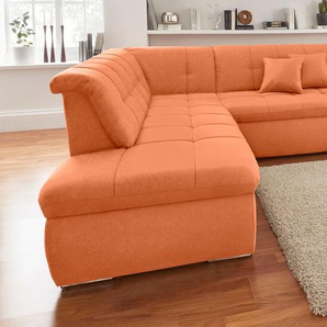 Ecksofa DOMO COLLECTION NMoric incl. Zierkissen B/T/H: 273/216/80 cm L-Form Sofas Gr. B/H/T: 273cm x 80cm x 216cm, Microfaser PRIMABELLE, Ottomane links, ohne Funktion, orange (terrakotta) Ottomanen-Abschluss, wahlweise mit Bettfunktion und