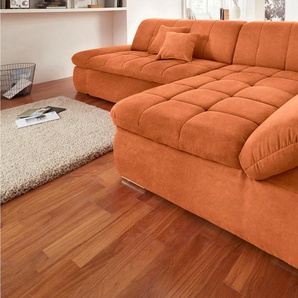 Ecksofa DOMO COLLECTION NMoric XXL, B/T/H: 300/172/80cm, Revamierenabschluss L-Form Sofas Gr. B/H/T: 300cm x 80cm x 172cm, Microfaser PRIMABELLE, Recamiere rechts, ohne Funktion, orange (terrakotta) wahlweise mit Bettfunktion und Armlehnverstel,lung