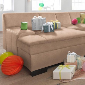 Ecksofa DOMO COLLECTION Norma L-Form Sofas Gr. B/H/T: 268cm x 74cm x 153cm, Microfaser PRIMABELLE, Recamiere links, ohne Bettfunktion, braun (cafe) wahlweise mit Bettfunktion