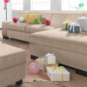 Ecksofa DOMO COLLECTION Norma L-Form Sofas Gr. B/H/T: 268cm x 74cm x 153cm, Microfaser PRIMABELLE, Recamiere rechts, ohne Bettfunktion, beige (natur) wahlweise mit Bettfunktion