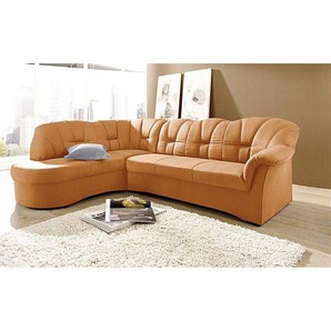 Ecksofa DOMO COLLECTION Papenburg L-Form Sofas Gr. B/H/T: 241cm x 84cm x 178cm, Kunstleder SOFTLUX, Ottomane links, ohne Bettfunktion, orange (pfirsich) mit Ottomane, wahlweise Bettfunktion