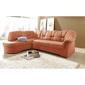 Ecksofa DOMO COLLECTION Papenburg L-Form Sofas Gr. B/H/T: 241cm x 84cm x 178cm, Microfaser PRIMABELLE, Ottomane links, mit Bettfunktion, orange (terrakotta) mit Ottomane, wahlweise Bettfunktion