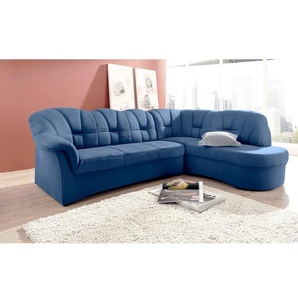 Ecksofa DOMO COLLECTION Papenburg L-Form Sofas Gr. B/H/T: 241cm x 84cm x 178cm, Microfaser PRIMABELLE, Ottomane rechts, ohne Bettfunktion, blau mit Ottomane, wahlweise Bettfunktion