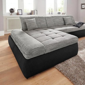 Ecksofa DOMO COLLECTION PB Moric wahlweise mit Bettfunktion + Armteilverstellung, L-Form Sofas Gr. B/H/T: 300cm x 80cm x 172cm, Microfaser PRIMABELLE-Struktur, Recamiere links, ohne Funktion, schwarz (schwarz/weiß-grau/grau) im XXL-Format, BTH:30017280