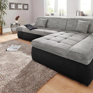 Ecksofa DOMO COLLECTION PB Moric wahlweise mit Bettfunktion + Armteilverstellung, L-Form Sofas Gr. B/H/T: 300cm x 80cm x 172cm, Microfaser PRIMABELLE-Struktur, Recamiere rechts, ohne Funktion, schwarz (schwarz/weiß-grau/grau) im XXL-Format, BTH:30017280