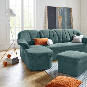 Ecksofa DOMO COLLECTION Pegnitz L-Form Sofas Gr. B/H/T: 238cm x 82cm x 141cm, Chenille-Optik, Recamiere links, ohne Bettfunktion, blau (petrol) wahlweise mit Bettfunktion