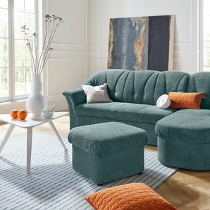 Ecksofa DOMO COLLECTION Pegnitz L-Form Sofas Gr. B/H/T: 238cm x 82cm x 141cm, Chenille-Optik, Recamiere rechts, ohne Bettfunktion, blau (petrol) wahlweise mit Bettfunktion