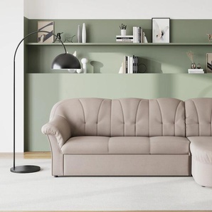 Ecksofa DOMO COLLECTION Pegnitz L-Form Sofas Gr. B/H/T: 238cm x 82cm x 141cm, Feinstruktur, Recamiere rechts, ohne Bettfunktion, grau (taupe) wahlweise mit Bettfunktion