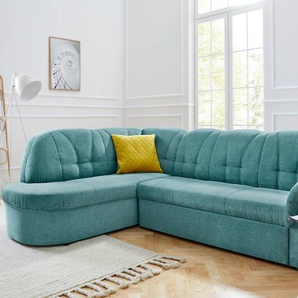 Ecksofa DOMO COLLECTION Pegnitz L-Form Sofas Gr. B/H/T: 246cm x 82cm x 180cm, Chenille-Optik, Ottomane links, ohne Bettfunktion, blau (petrol) wahlweise mit Bettfunktion