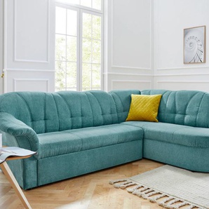 Ecksofa DOMO COLLECTION Pegnitz L-Form Sofas Gr. B/H/T: 246cm x 82cm x 180cm, Chenille-Optik, Ottomane rechts, ohne Bettfunktion, blau (petrol) wahlweise mit Bettfunktion