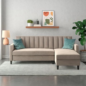 Ecksofa DOREL HOME Celine, L-Form Sofas Gr. B/H/T: 213cm x 83cm x 154cm, Samtvelours, Recamiere beidseitig montierbar, grau (taupe) mit Bett-Funktion und Stauraum. Recamiere beidseitig montierbar