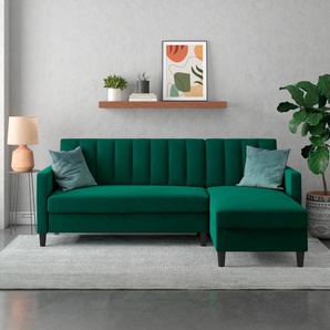 Ecksofa DOREL HOME Celine, L-Form Sofas Gr. B/H/T: 213cm x 83cm x 154cm, Samtvelours, Recamiere beidseitig montierbar, grün (dunkelgrün) mit Bett-Funktion und Stauraum. Recamiere beidseitig montierbar