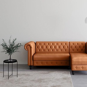 Ecksofa DOREL HOME Felix, L-Form, 241 cm (Liegefl.108x195 cm), Recamiere tauschbar Sofas Gr. B/H/T: 241cm x 83cm x 154cm, Kunstleder, Recamiere beidseitig montierbar, braun (cognac) verstellb. Rückenlehne, Bett-Funktion, Velours, Kunstleder, Vintage