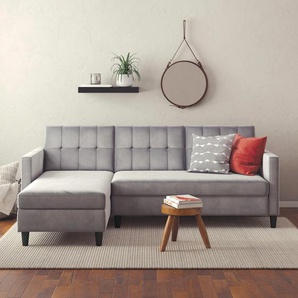 Ecksofa DOREL HOME Hartford II Sofas Gr. B/H/T: 213cm x 83cm x 154cm, Samtvelours, Recamiere beidseitig montierbar, grau mit Bettfunktion und Stauraum, Recamiere beidseitig montierbar