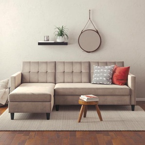 Ecksofa DOREL HOME Hartford II Sofas Gr. B/H/T: 213cm x 83cm x 154cm, Samtvelours, Recamiere beidseitig montierbar, grau (taupe) mit Bettfunktion und Stauraum, Recamiere beidseitig montierbar