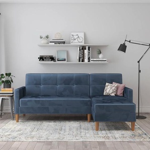 Ecksofa DOREL HOME Lilly, L-Form Sofas Gr. B/H/T: 212cm x 82cm x 153cm, Veloursstoff, Recamiere beidseitig montierbar, blau mit Bett-Funktion, Recamiere beidseitig montierbar, Sitzhöhe 43 cm