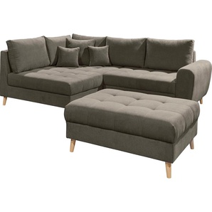 Ecksofa ED EXCITING DESIGN Alice L-Form Sofas Gr. B/H/T: 249cm x 94cm x 175cm, Microvelours, Recamiere links, braun mit Hocker, Rückenkissen, Zierkissen, frei im Raum stellbar