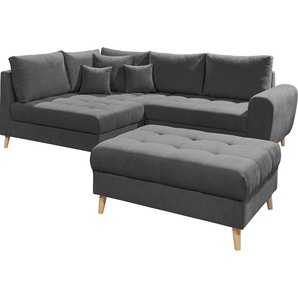 Ecksofa ED EXCITING DESIGN Alice L-Form Sofas Gr. B/H/T: 249cm x 94cm x 175cm, Microvelours, Recamiere links, grau (anthrazit) mit Hocker, Rückenkissen, Zierkissen, frei im Raum stellbar