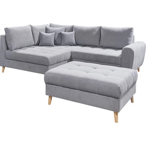 Ecksofa ED EXCITING DESIGN Alice L-Form Sofas Gr. B/H/T: 249cm x 94cm x 175cm, Microvelours, Recamiere links, grau (hellgrau) mit Hocker, Rückenkissen, Zierkissen, frei im Raum stellbar