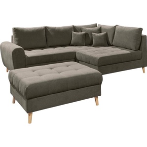 Ecksofa ED EXCITING DESIGN Alice L-Form Sofas Gr. B/H/T: 249cm x 94cm x 175cm, Microvelours, Recamiere rechts, braun mit Hocker, Rückenkissen, Zierkissen, frei im Raum stellbar