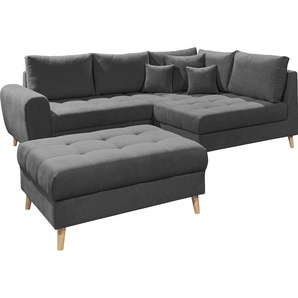 Ecksofa ED EXCITING DESIGN Alice L-Form Sofas Gr. B/H/T: 249cm x 94cm x 175cm, Microvelours, Recamiere rechts, grau (anthrazit) mit Hocker, Rückenkissen, Zierkissen, frei im Raum stellbar