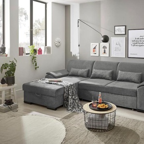 Ecksofa ED EXCITING DESIGN Tampa L-Form Sofas Gr. B/H/T: 280 cm x 84 cm x 175 cm, Microvelours, Recamiere links, inkl. 3 Nierenkissen-inkl. Schlaffunktion-inkl. Bettkasten, grau frei im Raum stellbar, mit Bettkasten, Schlaffunktion, 3 Nierenkissen