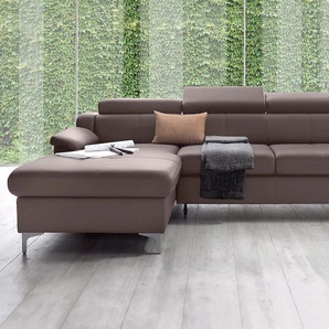 Ecksofa EXXPO - SOFA FASHION Florenz, aktuelles Design, komfortabler Sitz und bequemen Armlehnen Sofas Gr. B/H/T: 254 cm x 97 cm x 98 cm, Kunstleder SOFTLUX, Recamiere links, mit Bettfunktion, braun (schoko) mit Kopfteilverstellung, wahlweise