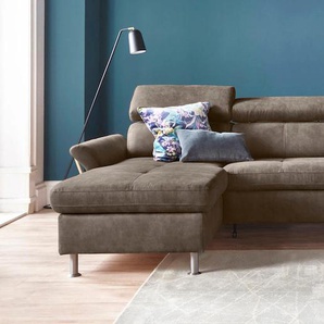 Ecksofa EXXPO - SOFA FASHION Maretto, bequem und komfortabel, L-Form Sofas Gr. B/H/T: 257 cm x 96 cm x 167 cm, Luxus-Microfaser, Recamiere links, ohne Bettfunktion, grau (delphin) inkl. Kopf- bzw. Rückenverstellung, wahlweise mit Bettfunktion