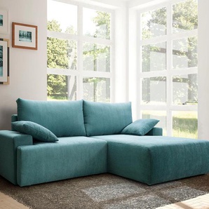 Ecksofa EXXPO - SOFA FASHION Orinoko, aktuelles Design und hoher Sitzkomfort, L-Form Sofas Gr. B/H/T: 240 cm x 92 cm x 177 cm, Cord POSO, Recamiere rechts, blau (sky) inkl. Bettfunktion und Bettkasten, schöne Farben im angesagten Cord