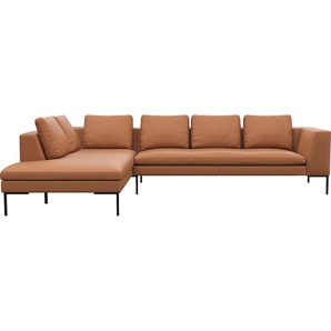 Ecksofa FLEXLUX Loano, superbequemer Sitzkomfort durch Kaltschaum im Sitz, L-Form Sofas Gr. B/H/T: 319 cm x 86 cm x 230 cm, Echtleder, lange Ottomane links, braun (modern cognac brown) modernes Sofa, frei im Raum stellbar, lose Kissen, hoher Fuß