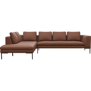 Ecksofa FLEXLUX Loano, superbequemer Sitzkomfort durch Kaltschaum im Sitz, L-Form Sofas Gr. B/H/T: 319 cm x 86 cm x 230 cm, Echtleder, lange Ottomane links, braun (old chestnut brown) modernes Sofa, frei im Raum stellbar, lose Kissen, hoher Fuß